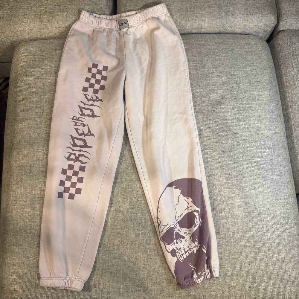 Skull Graphic Joggers Womens US 10 Beige Fleece Sweatpants Goth Grunge Y2K